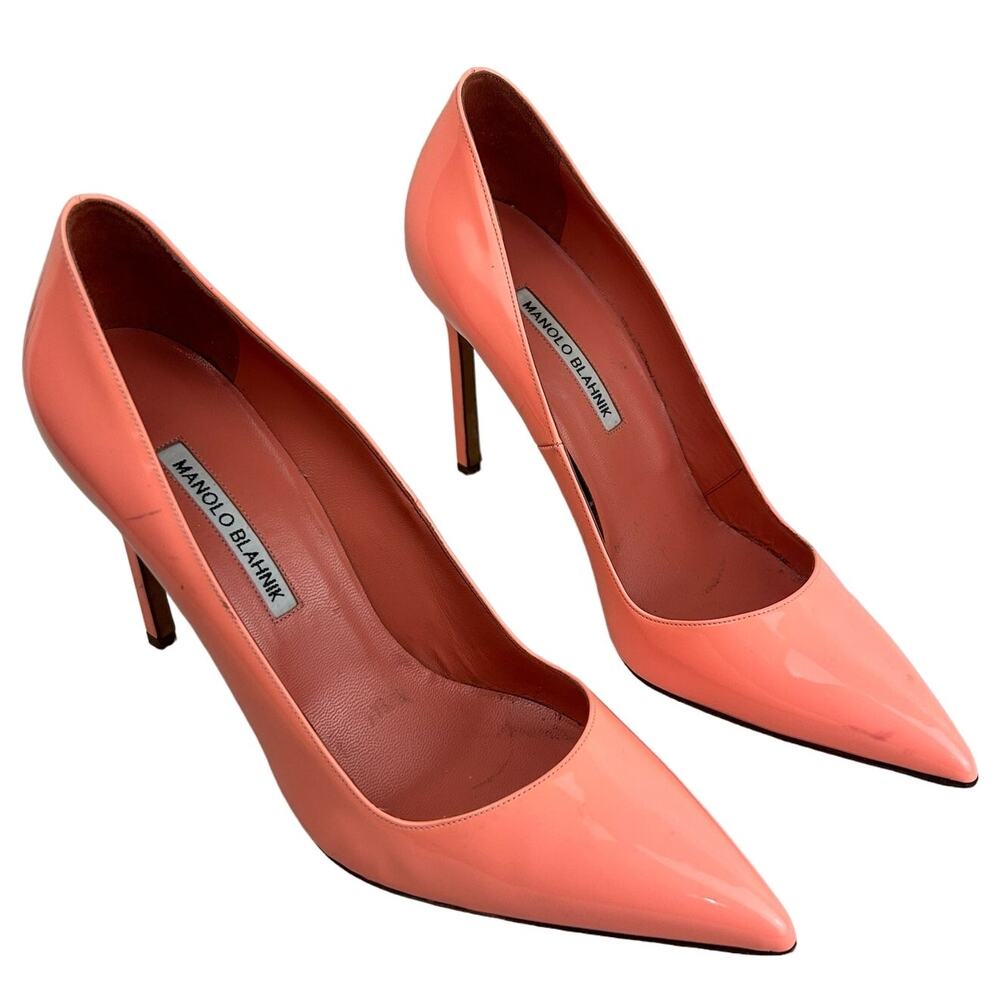 Authentic MANOLO BLAHNIK Pink Patent Leather Stiletto Pumps Pointed Toe Size 40